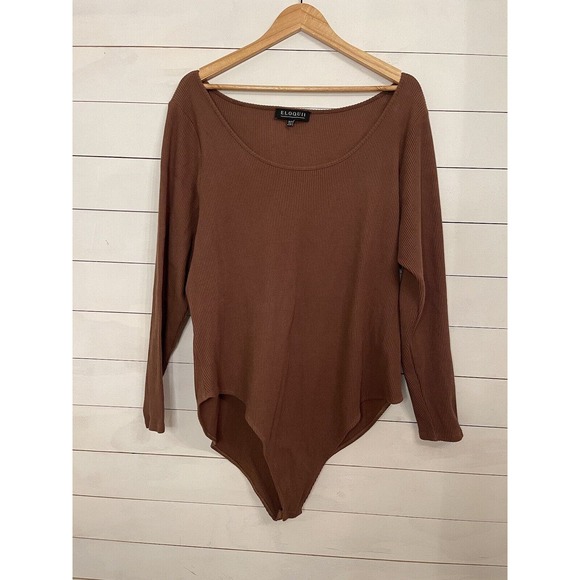 Eloquii Brown Ribbed Long Sleeve Bodysuit 4X 26/28 Plus Size Flattering Stretchy - Picture 1 of 5